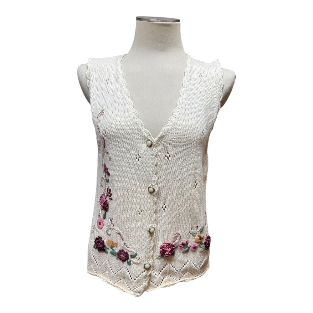 Vintage Capacity Floral Pearl Sweater Vest Off-White Petite Large